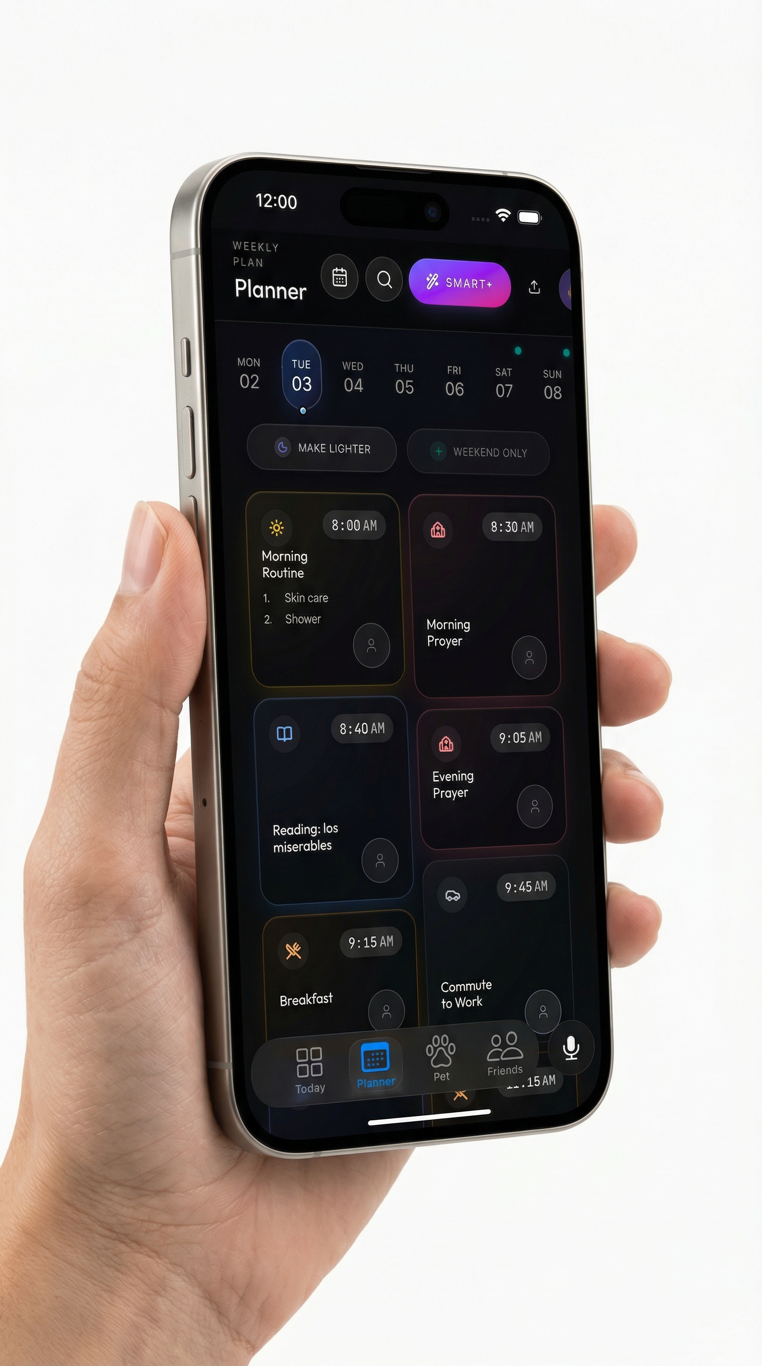 Hand holding iPhone showing Kairova's morning brief dashboard with momentum protocol and planner view