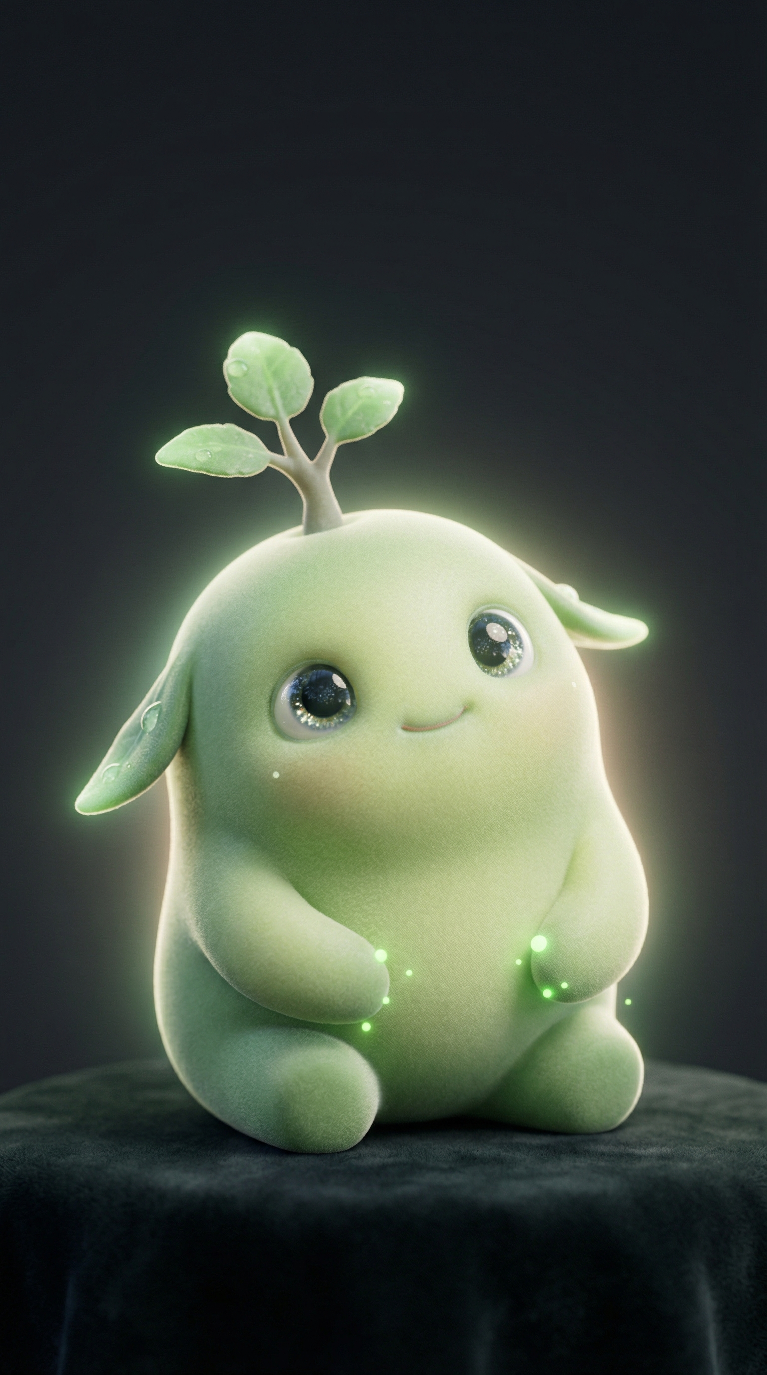 Verdi - Nature Spirit companion, a gentle green creature with galaxy eyes and a sprout on its head